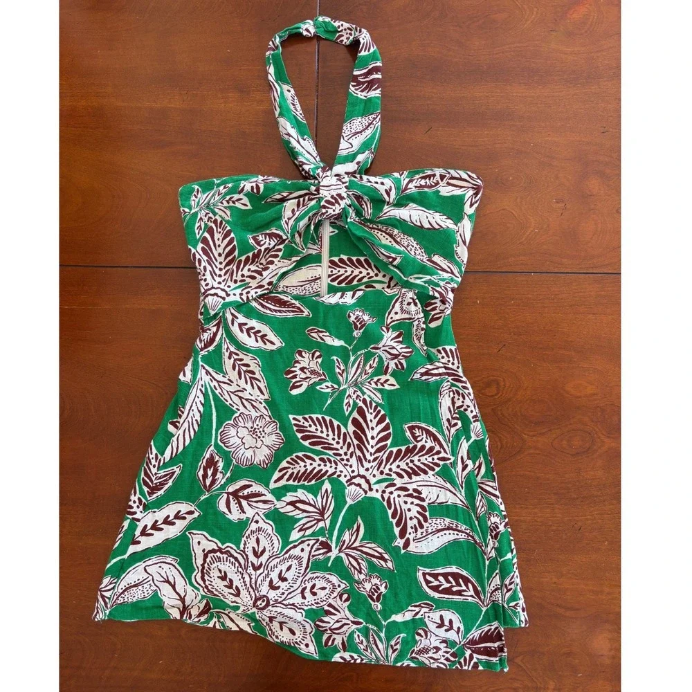 Zara‎ Tropical Green Floral Halter Cutout Romper Mini Skort Jumpsuit Linen Blend